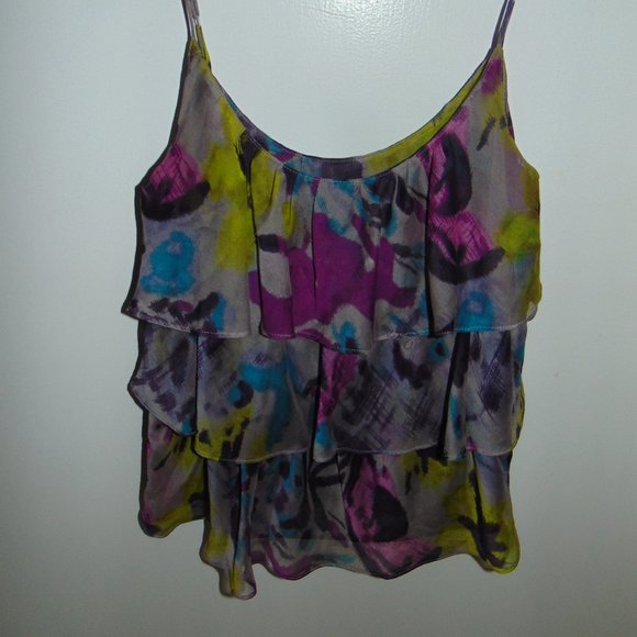 Plastic Island Women's Purple Yellow Blue Sleeveless Abstract Ruffled Blouse XS - Picture 3 of 6